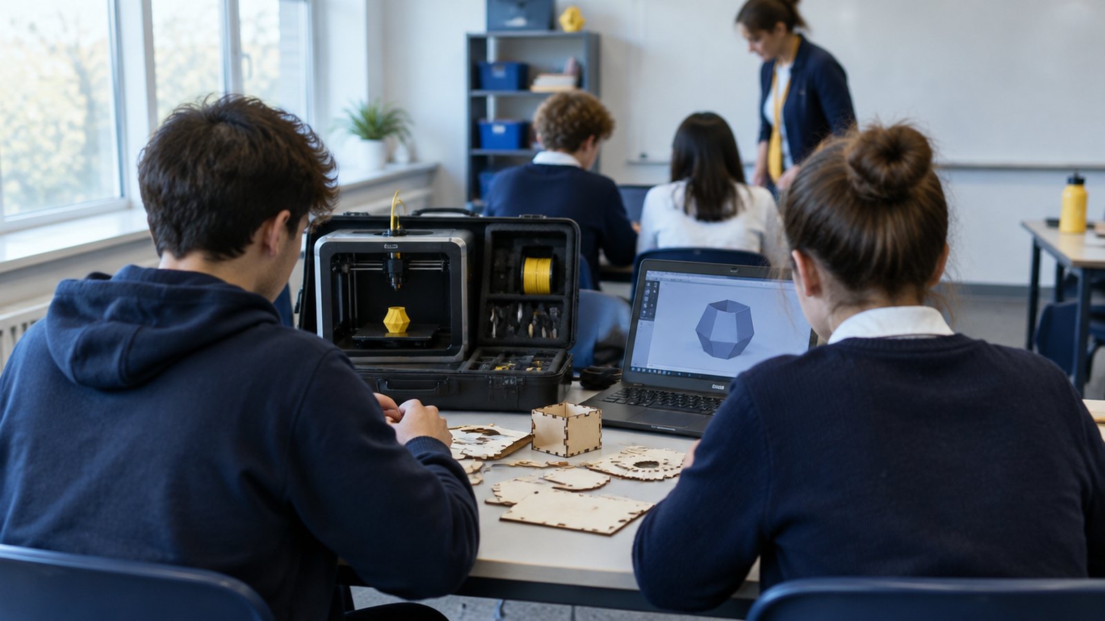 Table de classe avec une trousse de fabrication numérique ouverte : petite imprimante 3D, ordinateur portable et pièces découpées au laser, élèves vus de dos.