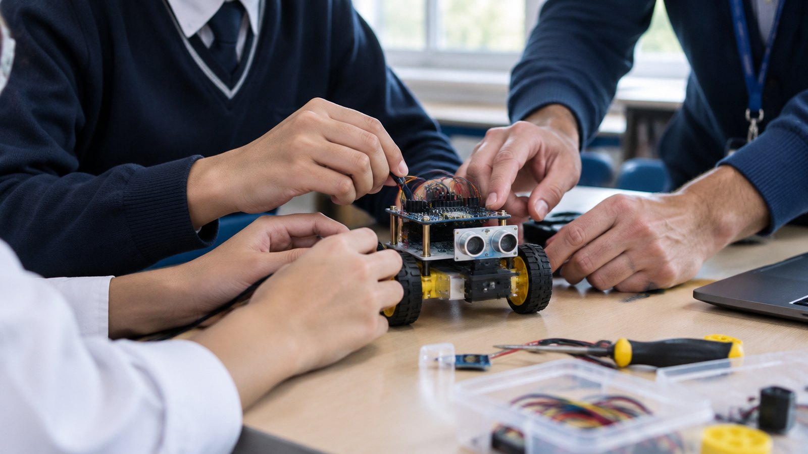 Mains d’élèves du secondaire qui assemblent un petit robot à roues avec une carte électronique, guidées par leur enseignant.