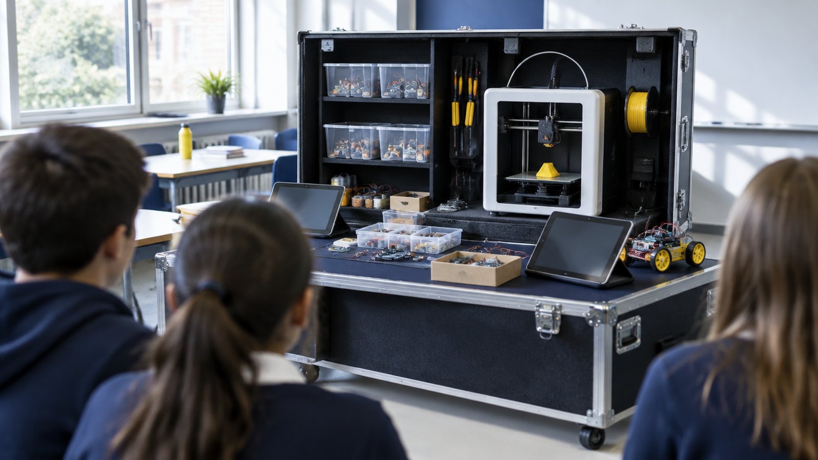 Malle de FabLab nomade ouverte dans une classe : imprimante 3D compacte, tablettes et boîtes de composants, élèves vus de dos.