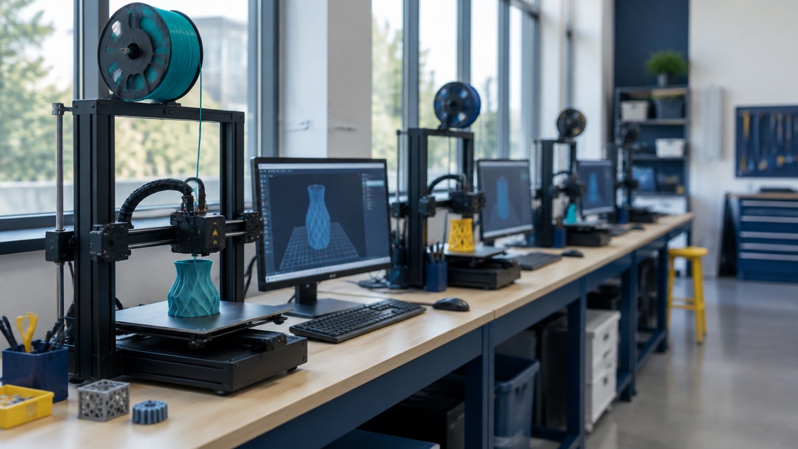 Rangée d’imprimantes 3D de bureau en fonctionnement sur un long établi, postes de travail avec logiciel de tranchage à l’écran.