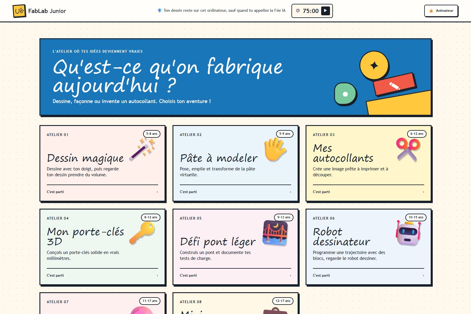 Écran d’accueil de l’application FabLab Junior : « Qu’est-ce qu’on fabrique aujourd’hui? » et les cartes des ateliers avec leur tranche d’âge.
