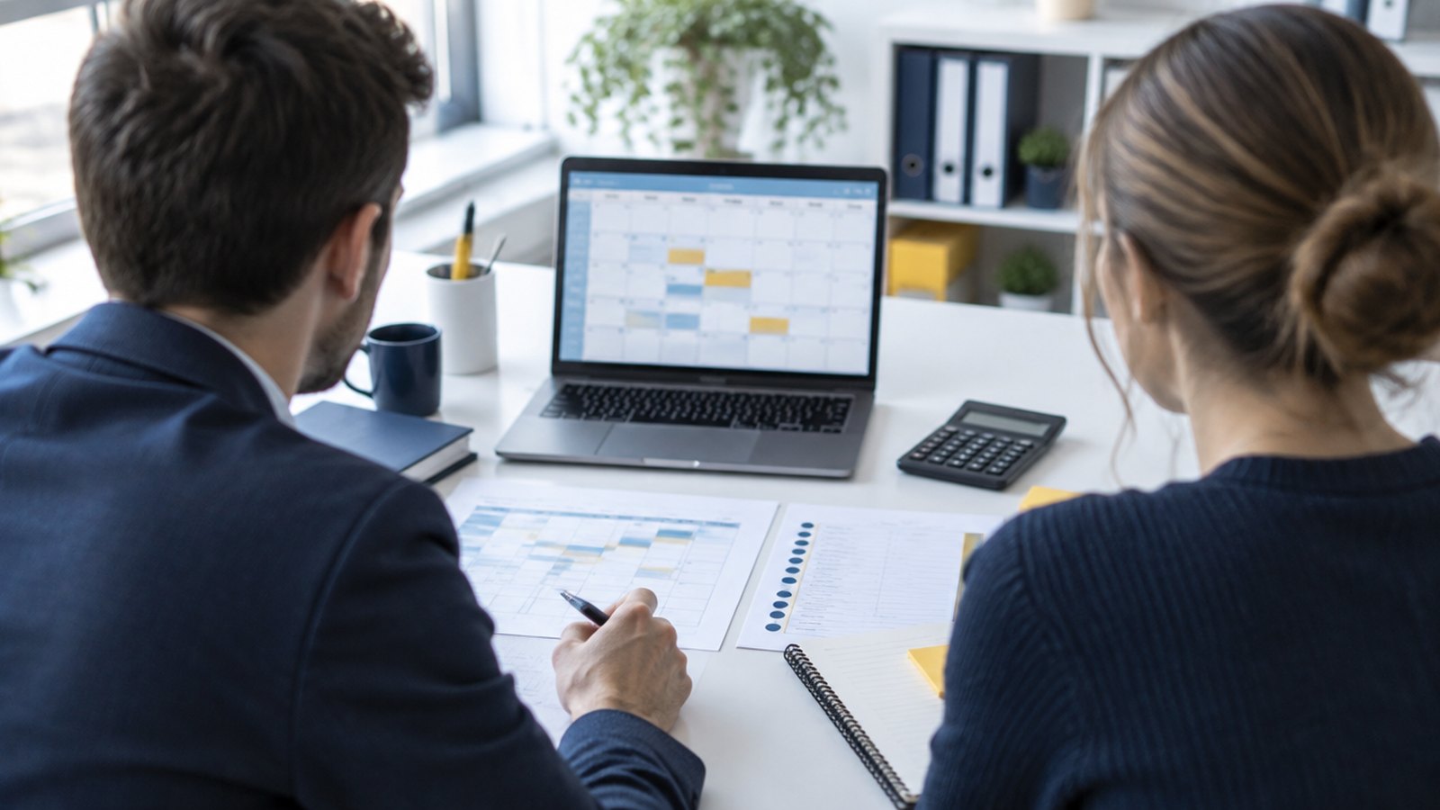 Gestionnaire et employée d’une PME vus de dos qui planifient une formation : ordinateur portable avec un calendrier, plan de formation imprimé et calculatrice.