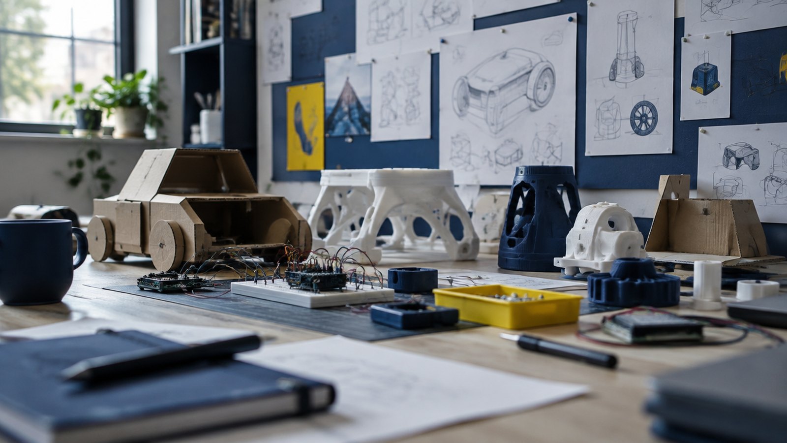 Coin d’atelier avec des prototypes en cours : maquettes en carton, pièces imprimées, montages électroniques et croquis épinglés au mur.