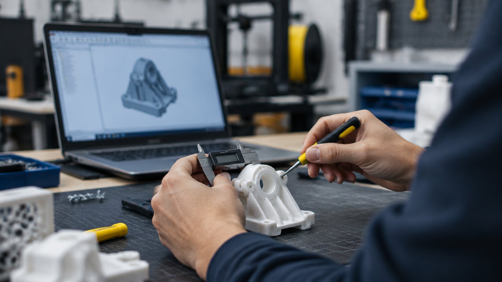 Mains d’une personne en formation qui ajuste un prototype imprimé en 3D avec un pied à coulisse sur un établi, logiciel de CAO flou en arrière-plan.